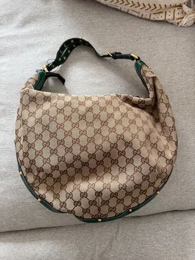 Gucci Beige GG Canvas Hobo Shoulder Bag with Green Trim and Gold Studs